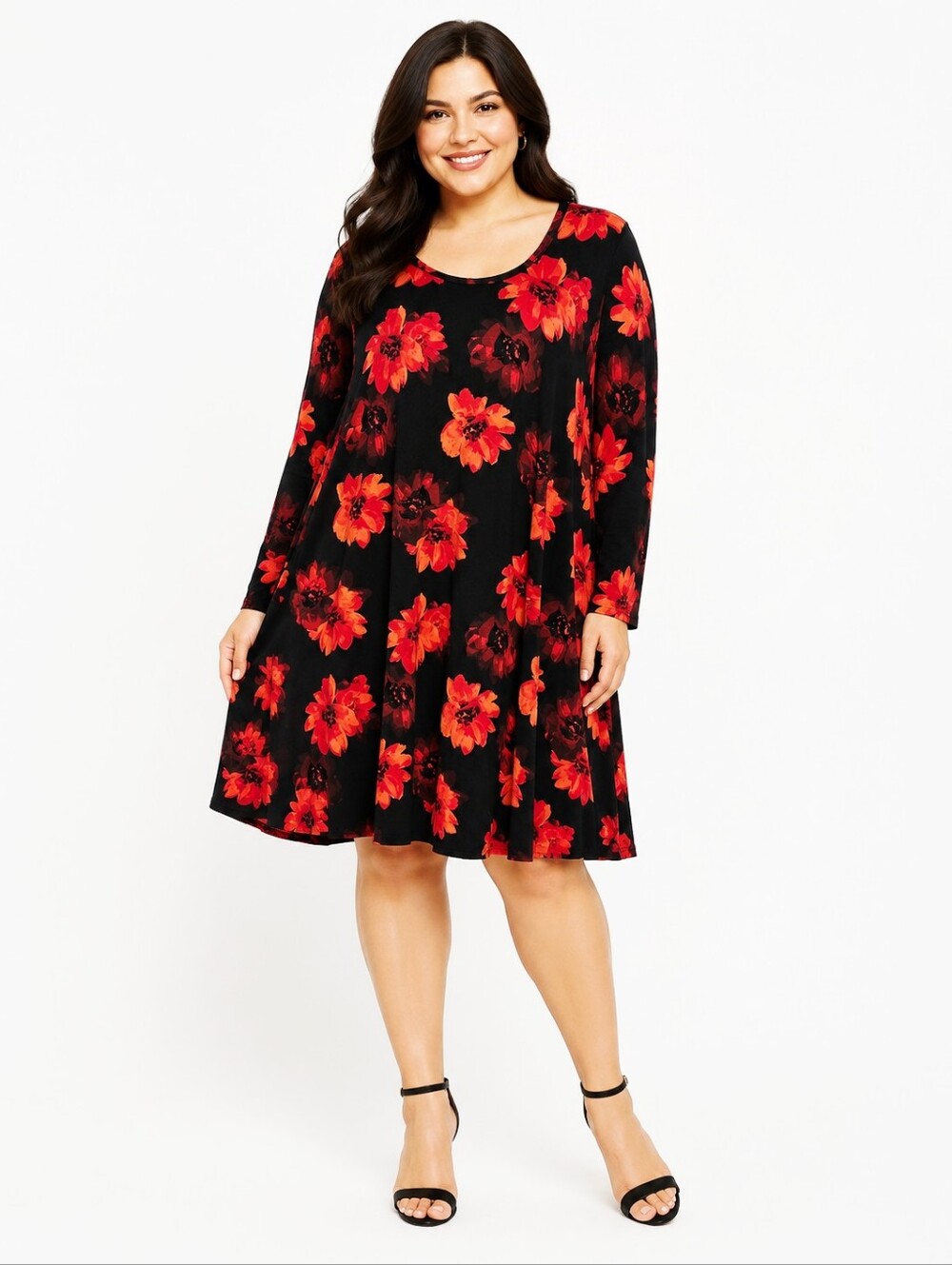 Pinc Black Long-Sleeve Dress with Red Flowers, Size 1X